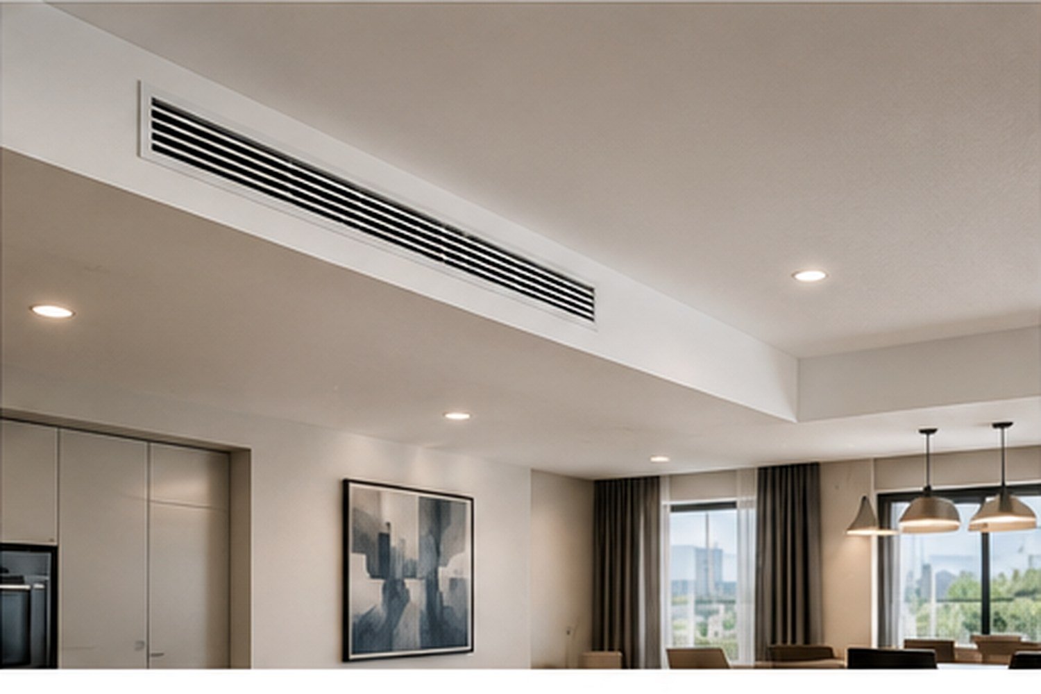 Rejilla de climatización por conductos integrada en el techo de una vivienda