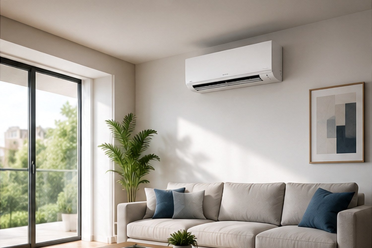 Instalación de una unidad de aire acondicionado split en el salón de una vivienda