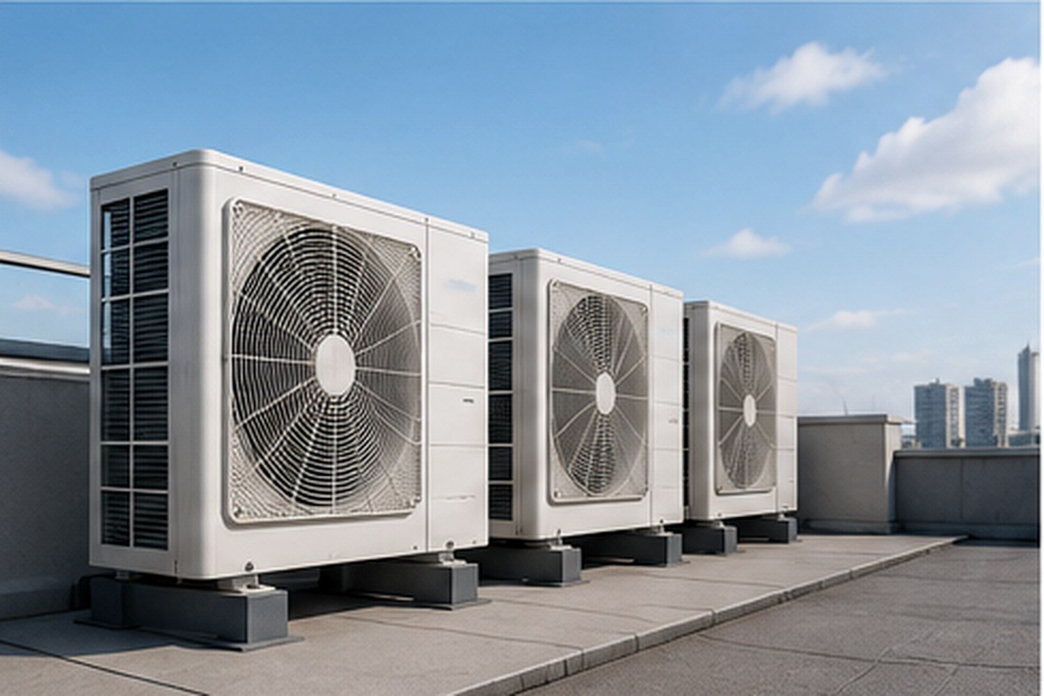 Unidades exteriores de climatización instaladas en la cubierta de un edificio.