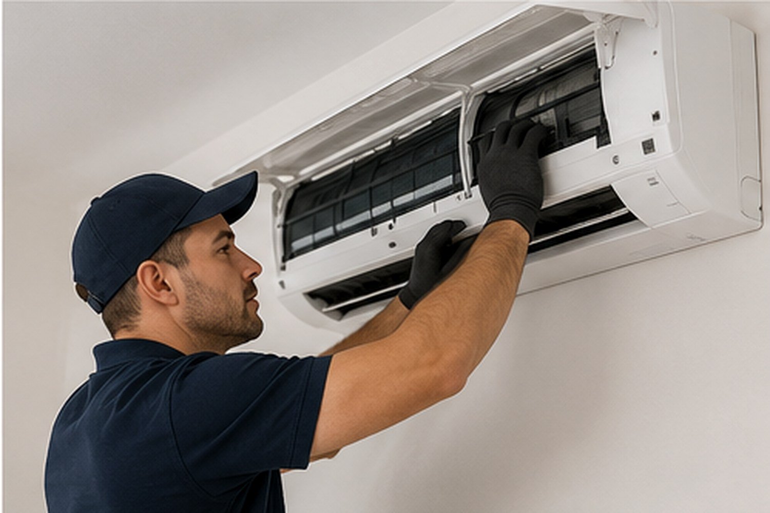 Técnico revisando una unidad interior de aire acondicionado.